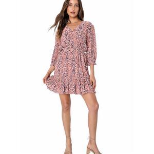 LULUS Women’s Parkside Mauve Multi Print Half Sleeve V-Neck Mini Dress Size XS